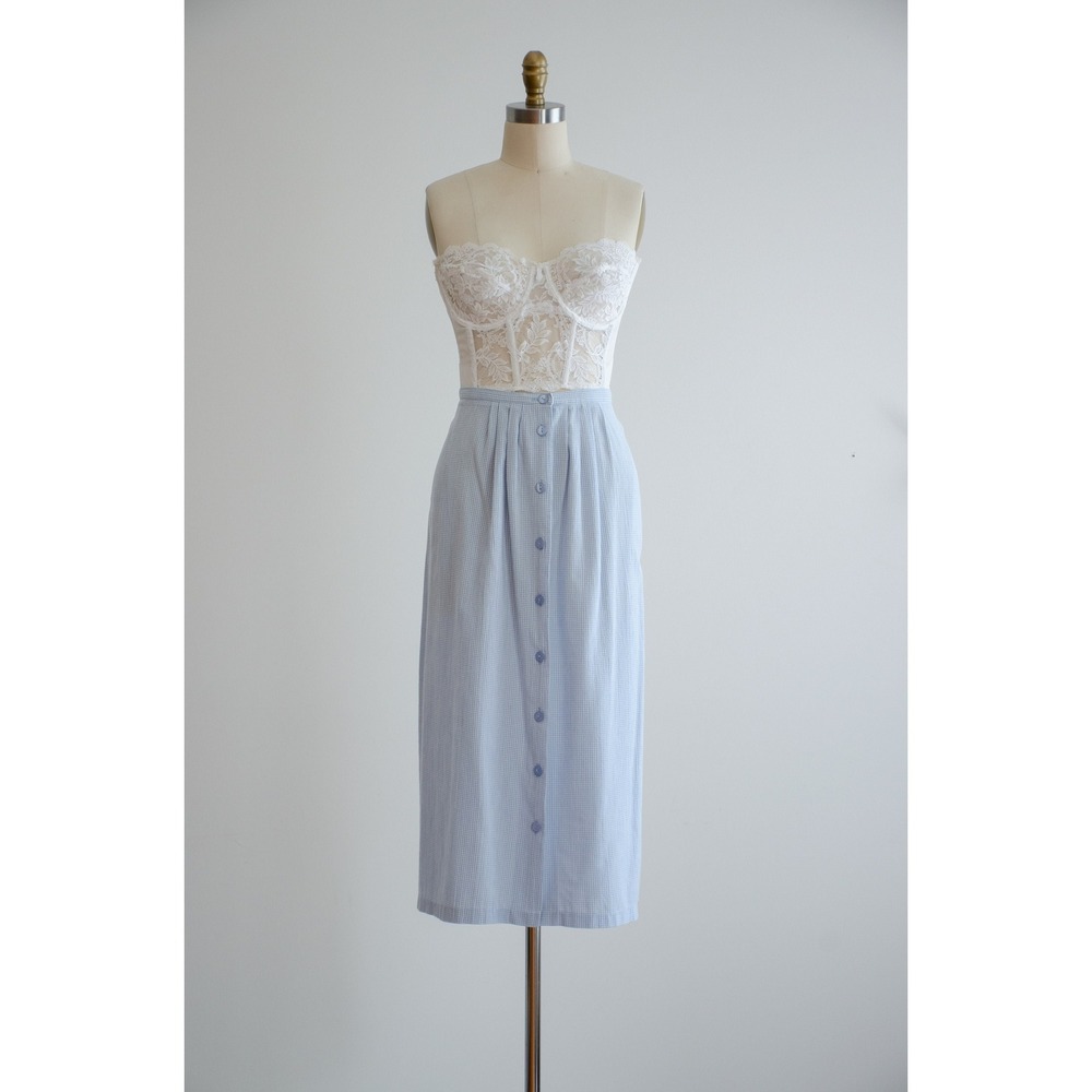 blue midi skirt 80s 90s plus size vintage pastel blue white gingham plaid skirt - Picture 3 of 5